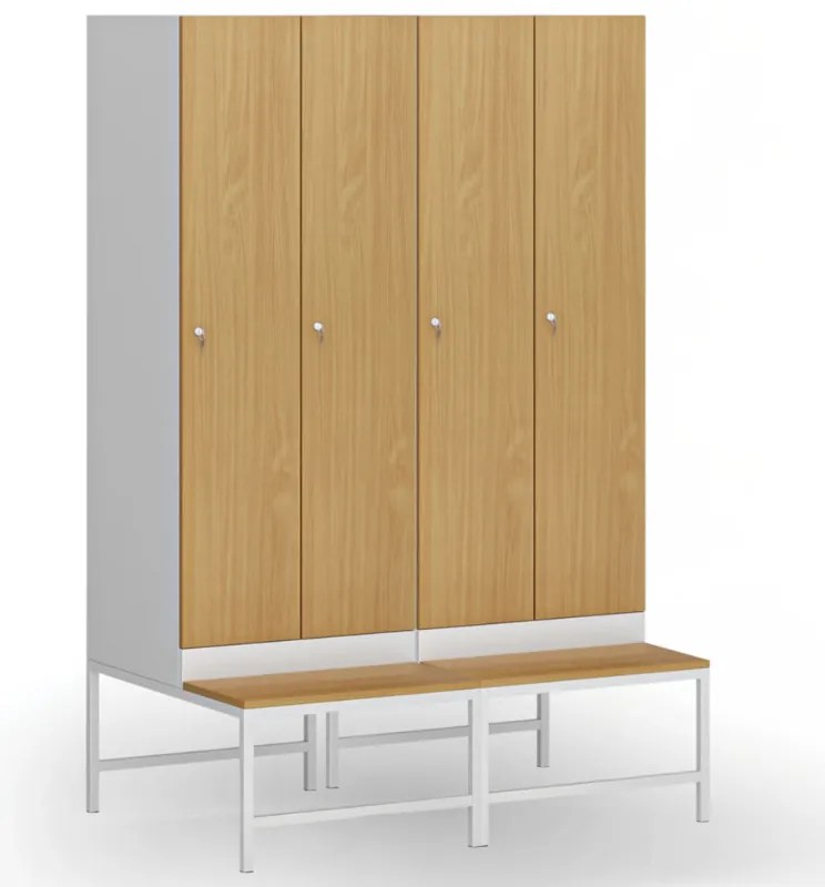 Šatníková skrinka S1 s lavičkou, 2 oddiely, 1875 x 600 x 500/800 mm, demont, cylindrický zámok, laminované dvere, biela