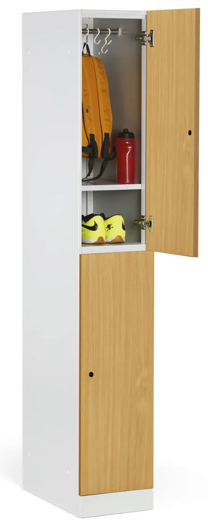Šatníková skrinka S1 s úložnými boxmi, 2 boxy, 1850 x 300 x 500 mm, demont, zámok s čítačkou RFID kariet, laminované dvere, breza