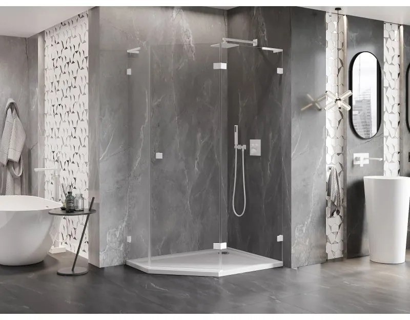 Mexen Lunar, L pravý výklopný päťuholníkový sprchový kút 90 x 80 cm, 8mm číre sklo, biely profil, 831L-090P-080L-20-00-P
