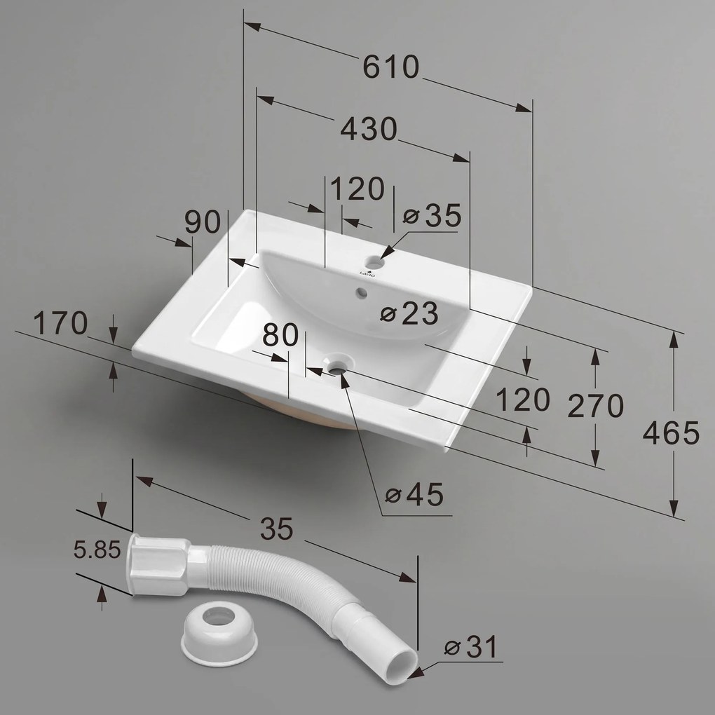 Zápustné keramické umyvadlo Nordis 61 cm lesklé bílé
