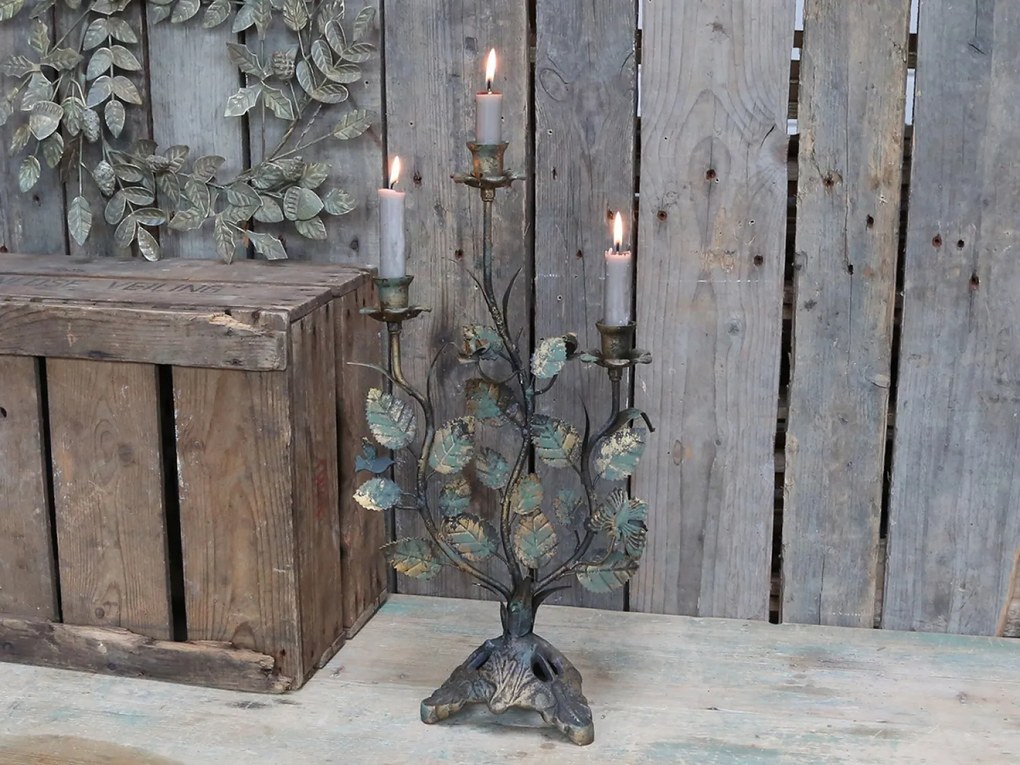 Kovový 3-ramenný vintage svietnik s listami Leaves - 27*15*50 cm