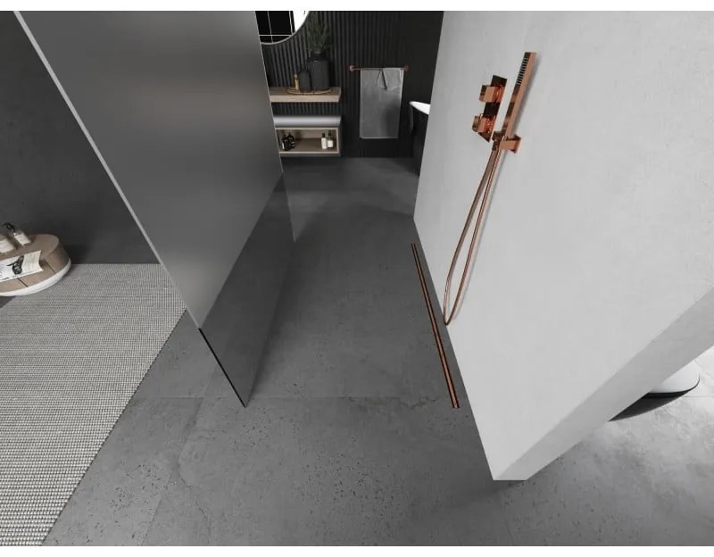 Mexen Kioto, sprchová zástena Walk-In 110 x 200 cm, 8mm číre sklo-námraza, medený matný profil, 800-110-002-65-35