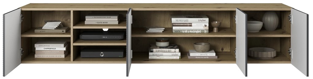 Závesná TV skrinka Asha 200 cm s ryhovaným čelom a výklenkom - dub artisan / rivier stone mat