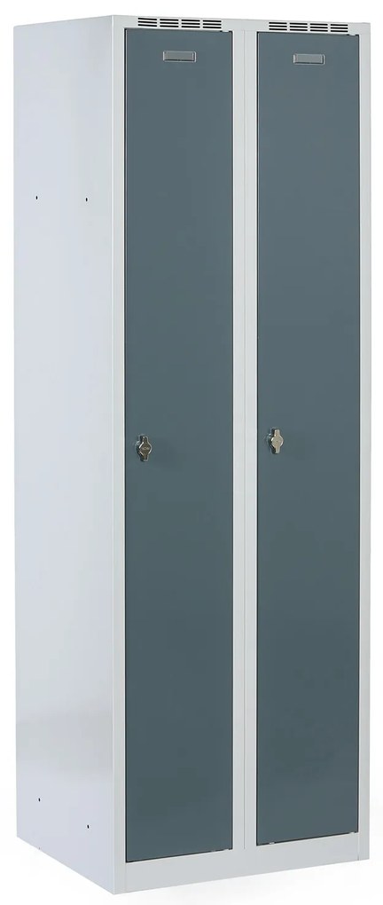 Plechová šatníková skrinka S8 na sokli, 2-dverová, 1800 x 600 x 500 mm, otočný zámok, tmavo sivé dvere