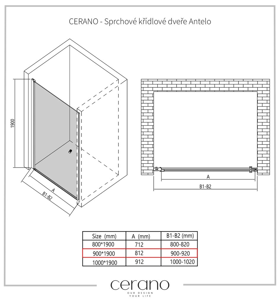 Cerano Antelo, 1-krídlové sprchové dvere 90x190 cm, 6mm číre sklo, čierny profil, CER-CER-432382
