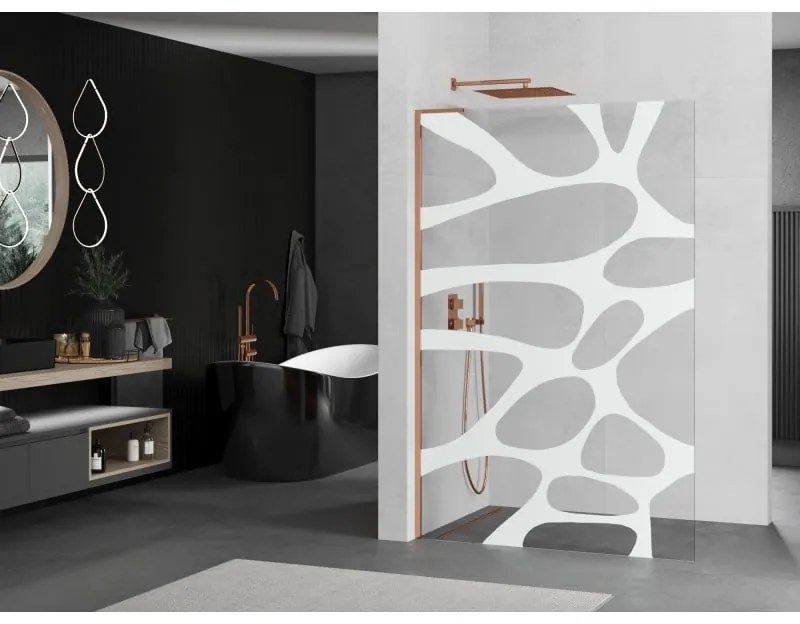 Mexen Kioto L, sprchová zástena Walk-In 70 x 200 cm, 8mm číre sklo biely vzor, ružové zlato profil, 800-070-103-60-97