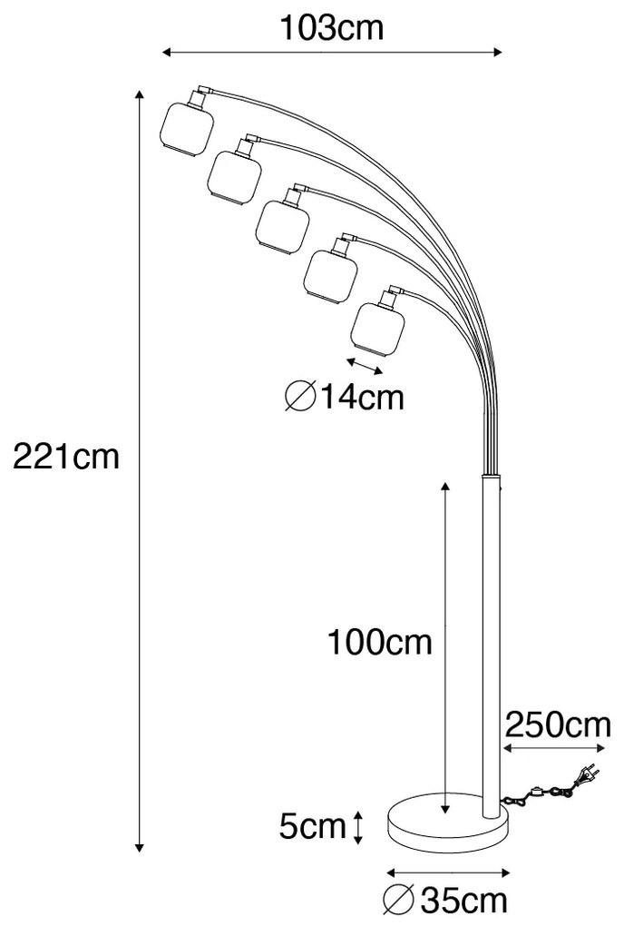 Stojaca lampa čierna so zlatom s dymovým sklom 5-svetlo - Zuzanna