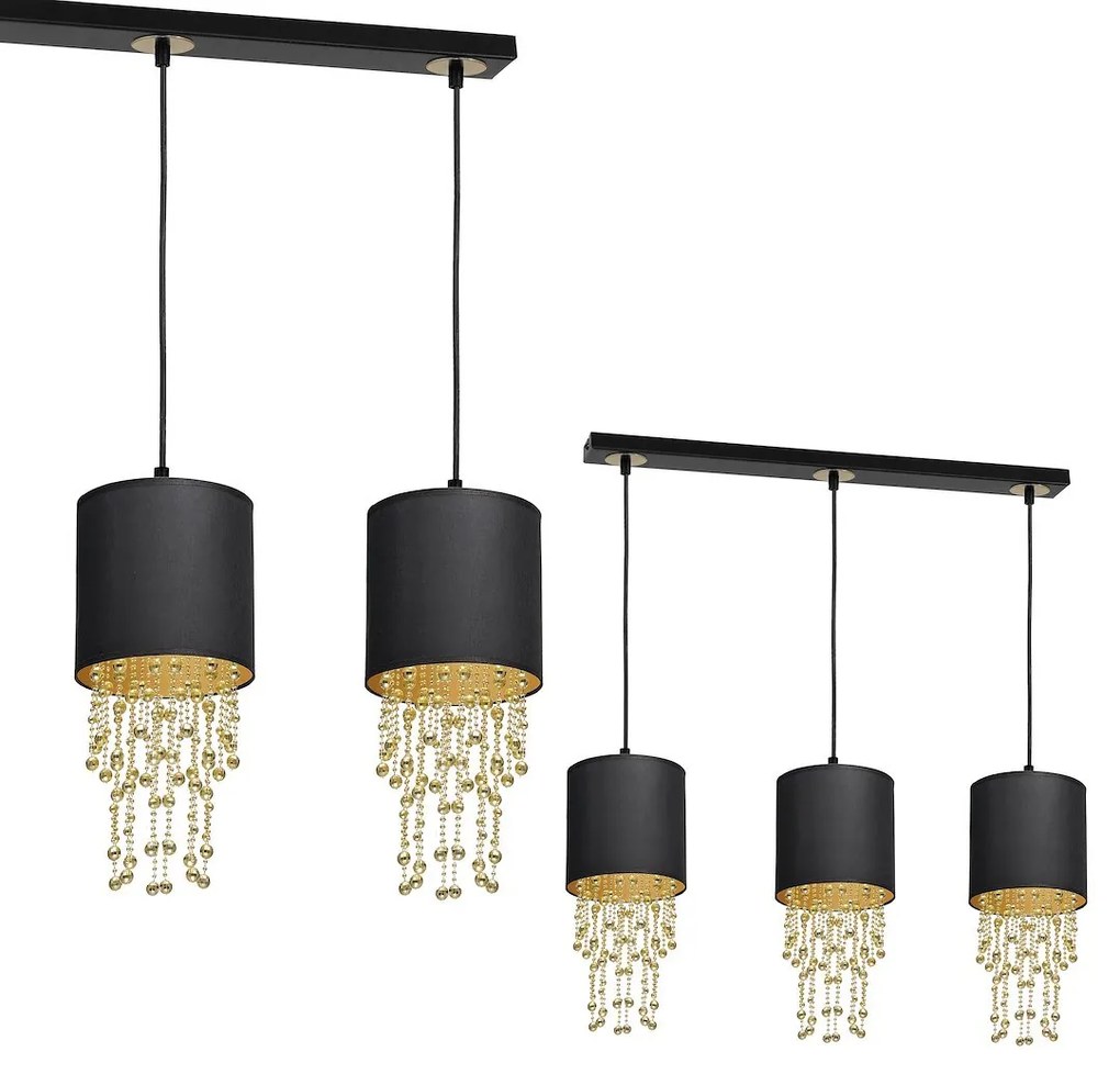 Závesné svietidlo Almeria, 3x kryštáliky/čierne textilné tienidlo, b/g