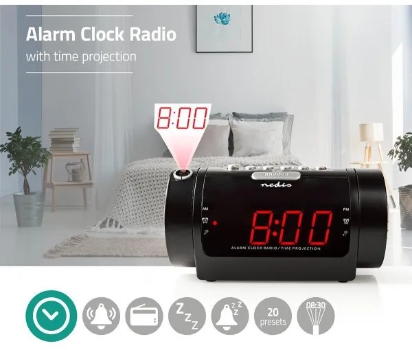 Nedis CLAR005BK - Rádiobudík s LED displejom a projektorom 230V