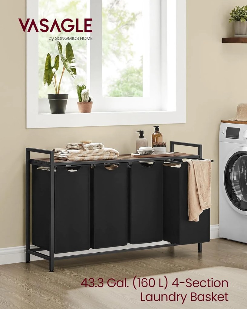 Kôš na prádlo, 4 priehradkový separátor oblečenia 116×33×72 cm, čierny a rustikálny hnedý