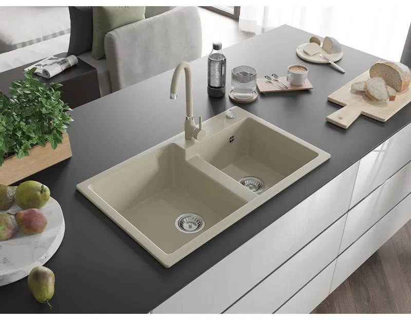 Mexen Tomas, granitový drez 800x500x190 mm, 2-komorový a béžová batéria Telma, béžová, 6516-69-670200-69