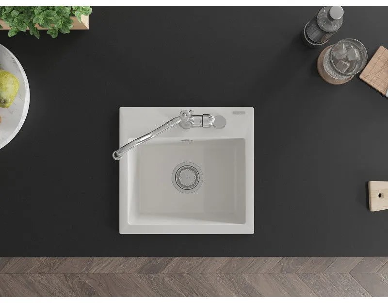 Mexen Milo, granitový drez 435x410x171 mm, 1-komorový a drezová batéria Carla, biela, 6505-20-670700-00