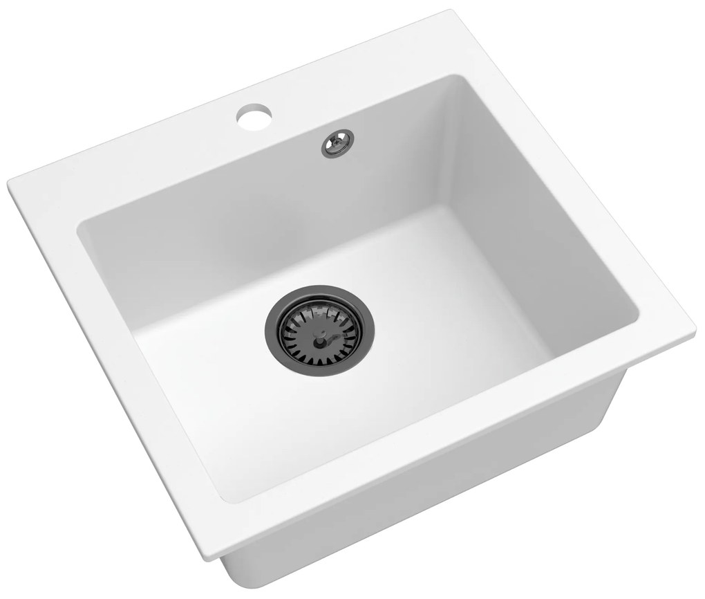Sink Quality Ferrum 50, kuchynský granitový drez 490x450x195 mm + čierny sifón, biela, SKQ-FER.W.1K50.XB