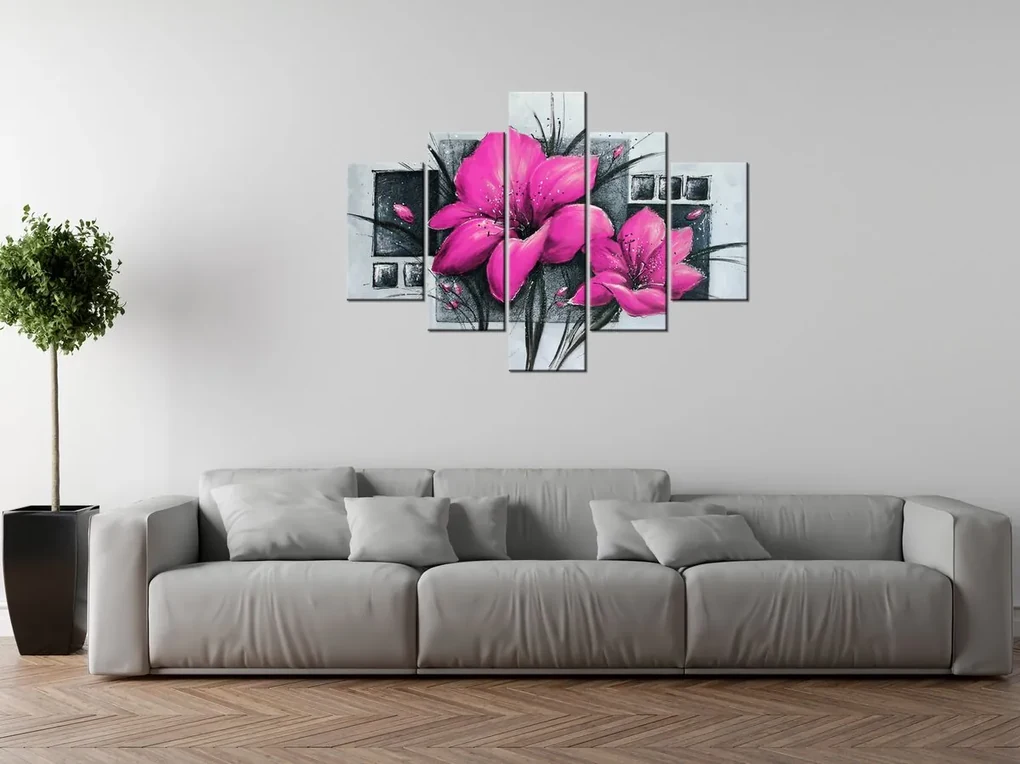 Gario Ručne maľovaný obraz Nádherné ružové Vlčie maky - 5 dielny Rozmery: 100 x 70 cm