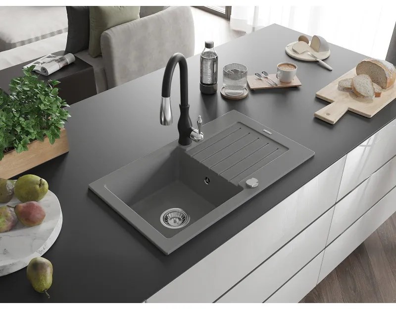 Mexen Pablo, granitový drez 752x436x161 mm, 1-komorový a drezová batéria Savita, šedá, 6510-71-672601-70