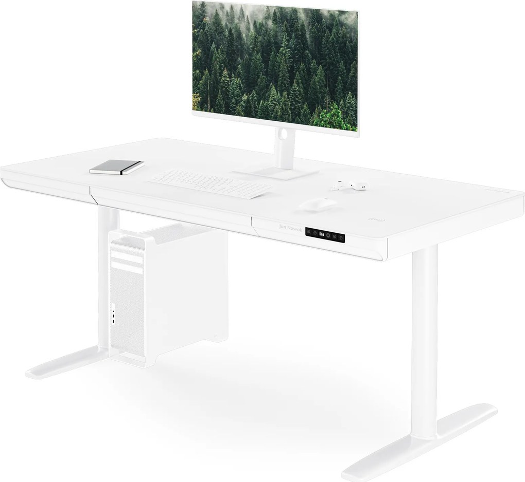 Elektrický písací stôl sit-stand so zásuvkou a bezdrôtovou nabíjačkou Qi biely, 1400 mm: ELLIS