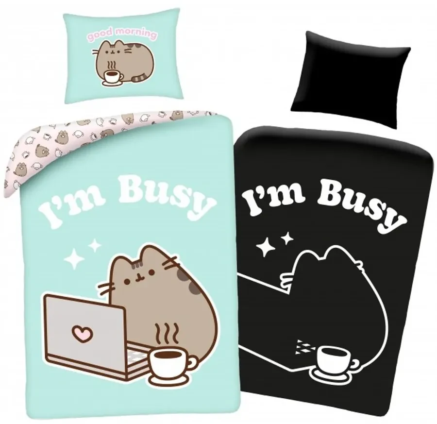 Bavlnené posteľné obliečky Pusheen so svetielkujúcim efektom - motív I'm Busy - 100% bavlna - 70 x 90 cm + 140 x 200 cm