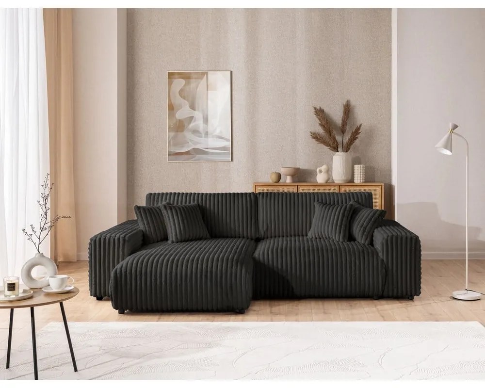 Tmavosivá menčestrová rozkladacia/s úložným priestorom rohová pohovka (ľavý roh) Sarina – Ropez