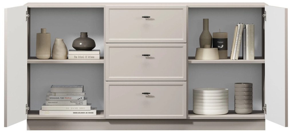 Komoda Lorini 150 cm so zásuvkami - kašmír / čierne úchytky T-bar