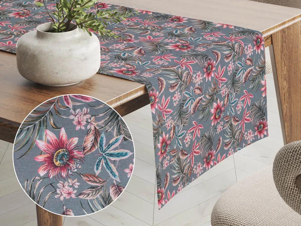 Biante Dekoračný behúň na stôl PML-043 Tropické kvety na sivom 20x160 cm