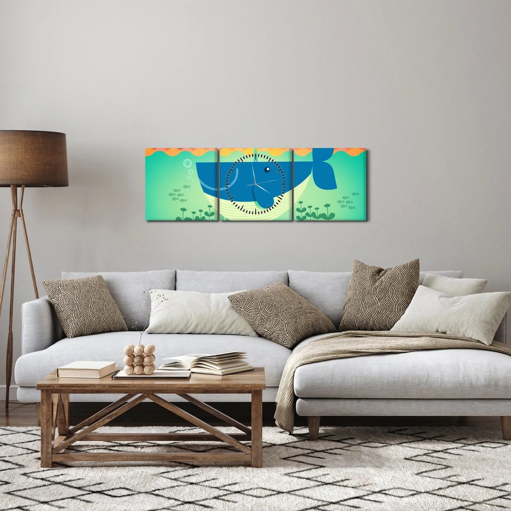 Obraz - Veselá veľryba (s hodinami) (90x30 cm)