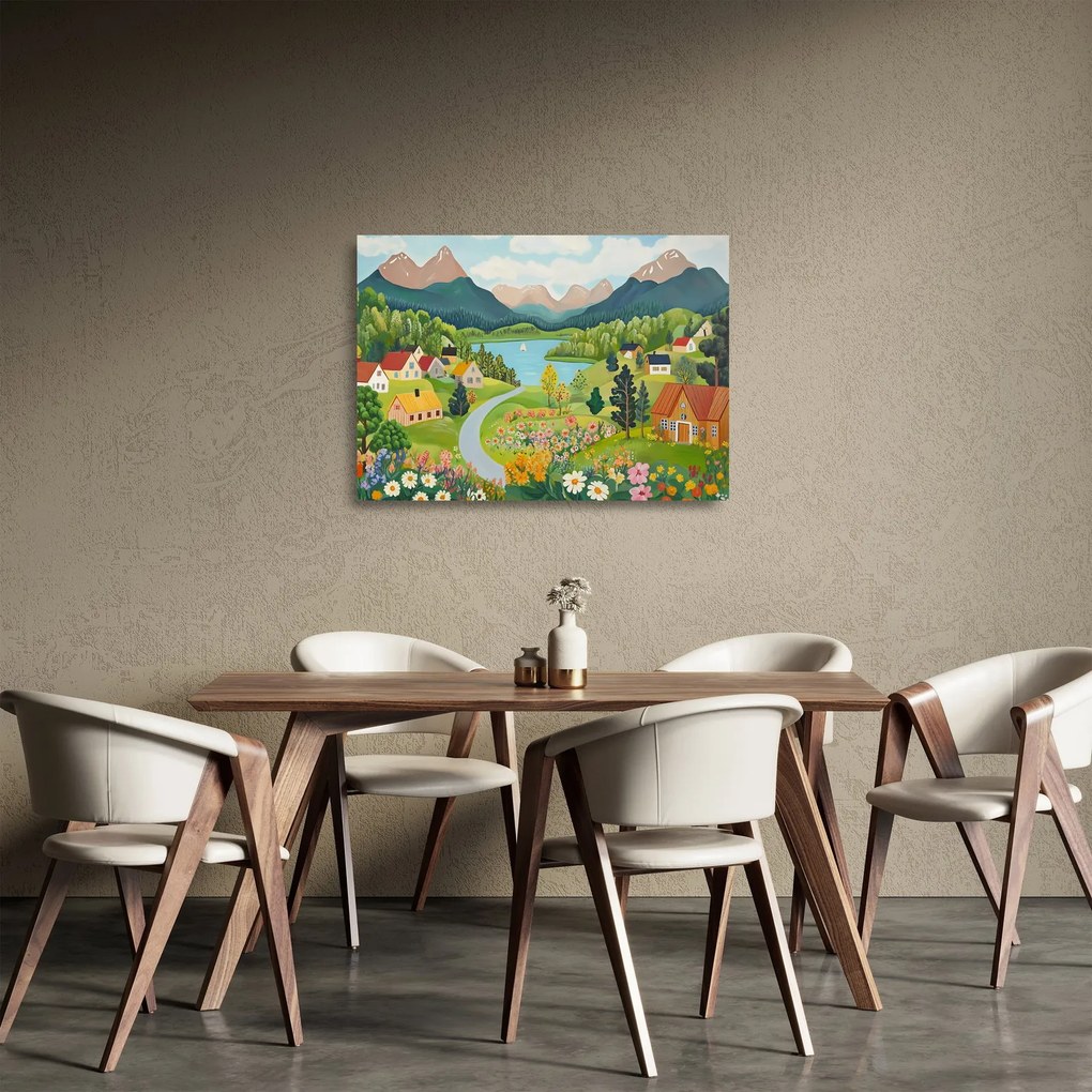 Sklenený obraz - Dedina v horách (70x50 cm)
