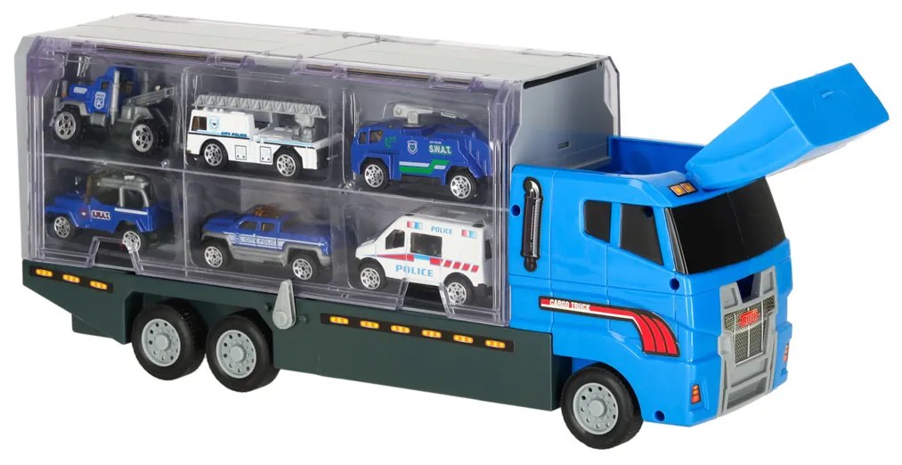 KIK Nákladný transportér s odpaľovacím zariadením a 6 kovovými policajnými autami