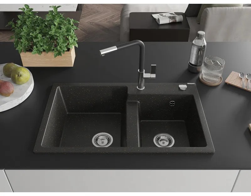 Mexen Tomas, 2-komorový granitový drez 800x500x190 mm a drezová batéria Flora, čierna-zlatá metalíza, 6516-75-670401-07