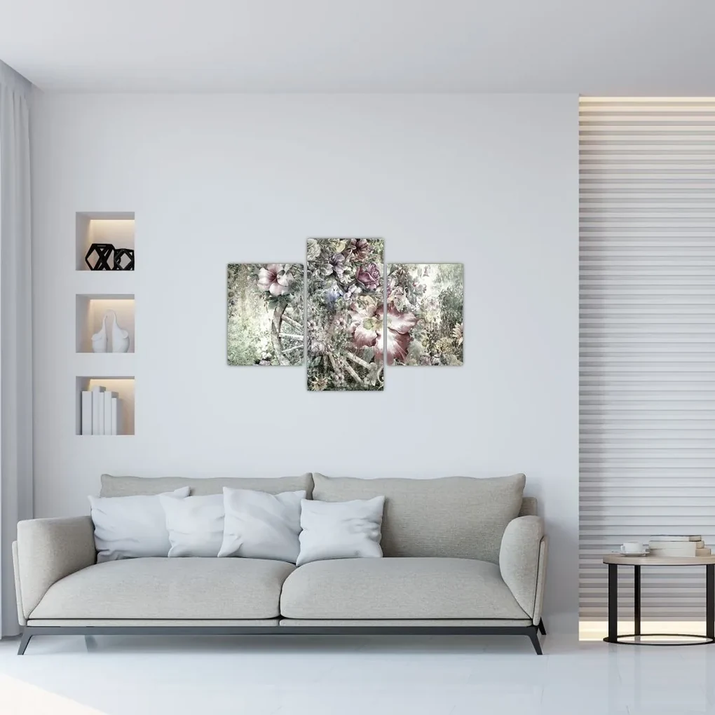 Obraz kvetov na drevenom bicykli (90x60 cm)
