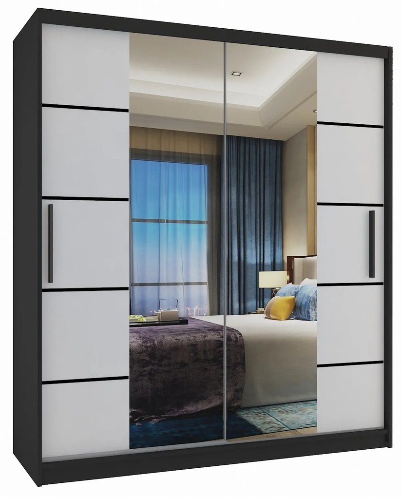 Šatníková skriňa 133 cm Belini čierny mat / biely mat s posuvnými dverami zrkadlom a zásuvkami  ME SZP6/1/B/W/0/KLP