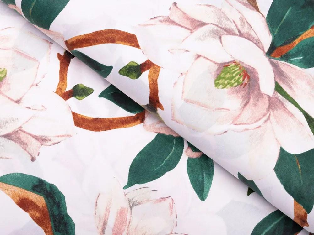 Biante Bavlnené posteľné obliečky Sandra SA-293 Magnólia so zelenými listami na bielom Jednolôžko 140x200 a 70x90 cm