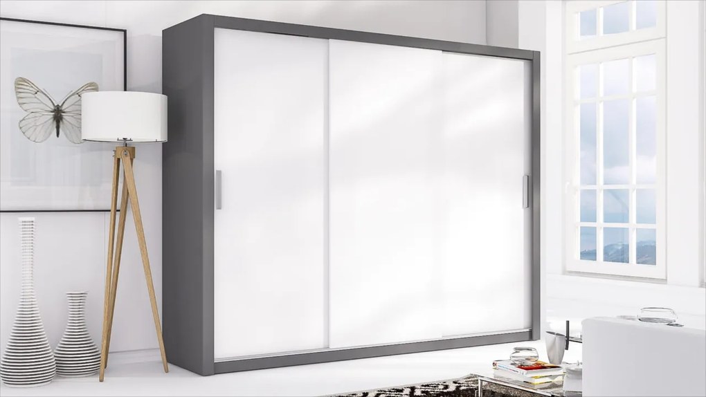 MEBLINE Lacná šatníková skriňa LONDON 250 popol / biely mat