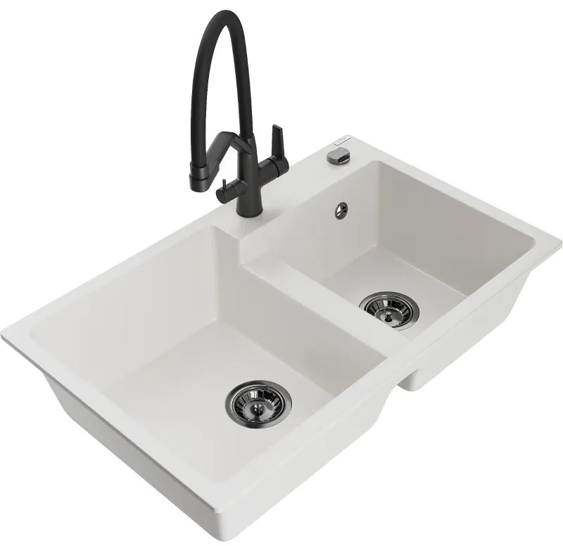Mexen Tomas, 2-komorový granitový drez 800x500x190 mm a kuchynská batéria Duo, biela, 6516-20-671701-70-B