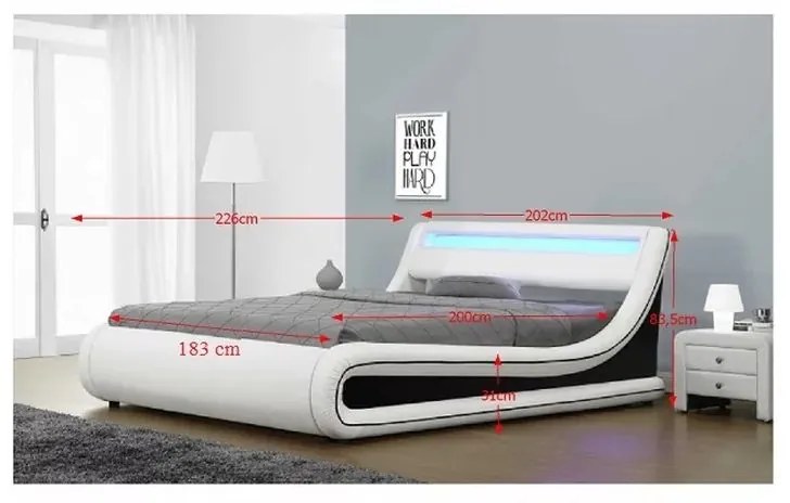 Kondela Manželská posteľ, MANILA NEW, s RGB LED osvetlením, biela/čierna, 183x200