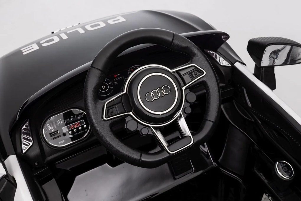 Ramiz Audi R8 Polícia na batérie pre deti + diaľkové ovládanie + EVA + pomalý štart + MP3 LED