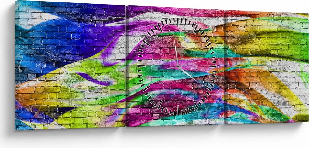 Obraz - Tehlový múr s farebnými plameňmi (s hodinami) (90x30 cm)