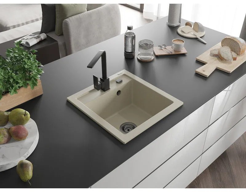 Mexen Vito, 1-komorový granitový drez 520x490x210 mm, čierna batéria Rita, béžová, 6503-69-670300-70