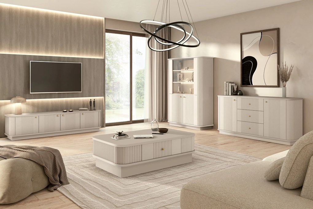 Vitrína Vesper 103 cm štvordverová na sokli - kašmír / zlaté úchytky