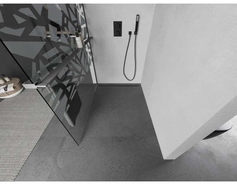 Mexen Kioto+, sprchová zástena Walk-In s poličkou a vešiakom 80 x 200 cm, 8mm číre sklo biely vzor, grafitový profil, 800-080-121-95-85