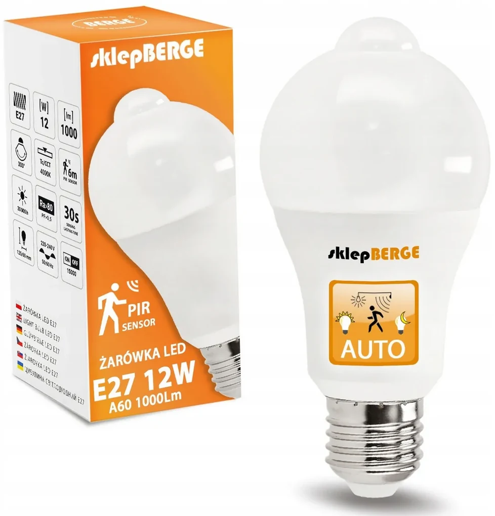 BERGE LED žiarovka E27 - 12W - NW - s pohybovým a súmrakovým senzorom