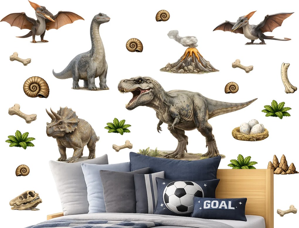 Realistické dinosaury textilní prelepiteľné nálepky na stenu hárok 46 x 35 cm