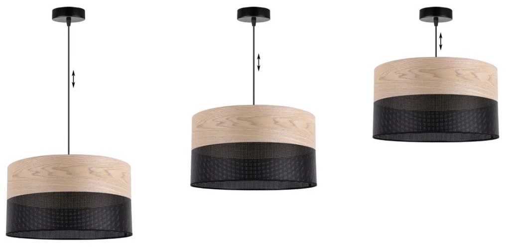 Závesné svietidlo Wood, 1x béžová dubová dýha/čierne PVC tienidlo, (fi 40cm)