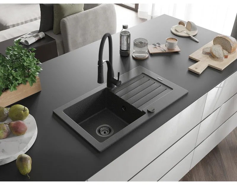 Mexen Pablo, 1-komorový granitový drez 752x436x161 mm a drezová batéria Aster, čierna škvrnitá, 6510-76-73450-70-B