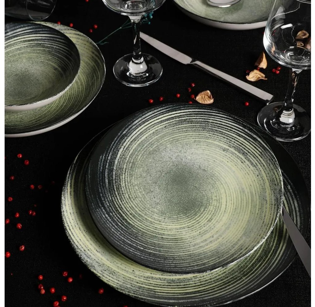 Jedálenská sada 24 ks zelená/čierna/porcelán
