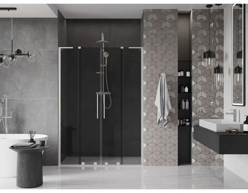 Mexen Velar L Duo, posuvné sprchové dvere do otvoru 150 cm, 8mm šedé sklo, brúsená oceľ, 871-150-003-42-97