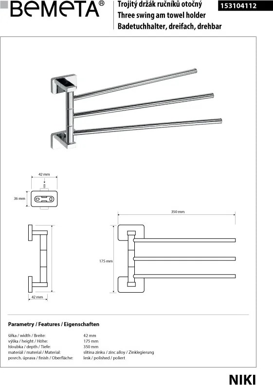 Bemeta Design NIKI: Držiak uterákov, trojitý, otočný 350 mm - 153104112