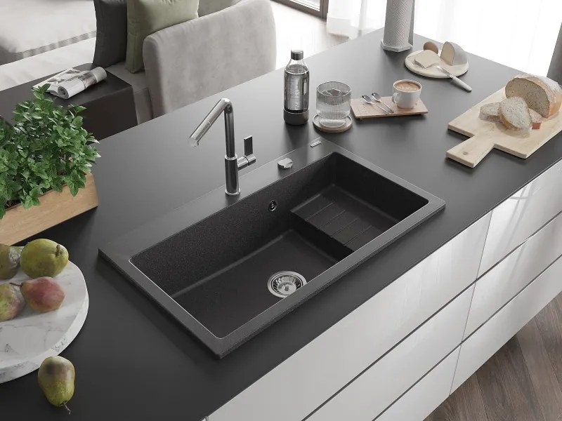 Mexen Omar žulový drez s 1 komorou 800 x 480 mm, čierno škvrnitý, sifón chróm - 6520801005-76