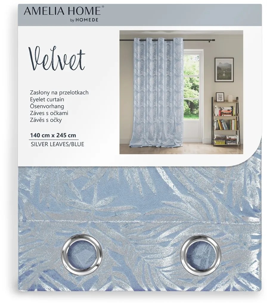 Záves AmeliaHome Velvet Silver Leaves s priechodkami 140x245 cm modrý