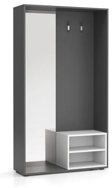 Šatníková stena BORDER s botníkom a zrkadlom, 2 háčiky, grafit/biela