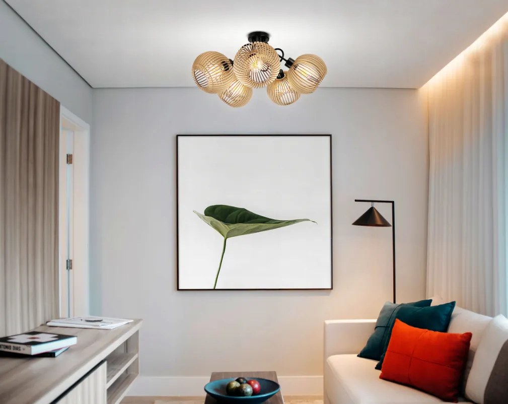 Drevená LED stropná lampa na zavesenie 5xE27 pre krásnu a priestrannú miestnosť